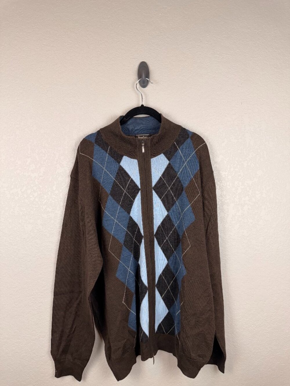 Neiman Marcus Men's Brown Blue Argyle Merino Wool Blend Full Zip Sweater XL